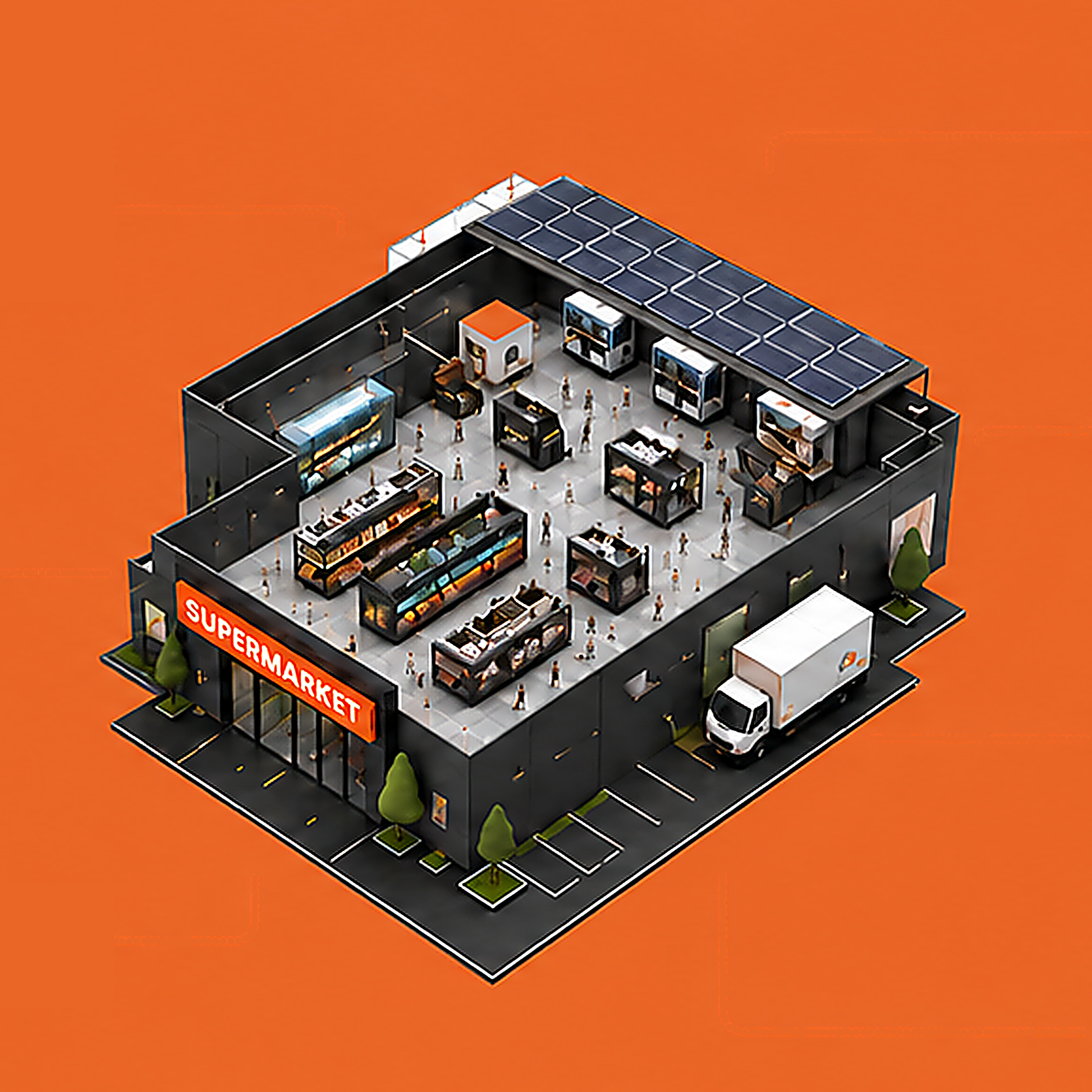 Isometric illustration of a supermarket monitored by NEO: refrigeration, energy, solar rooftop, delivery truck